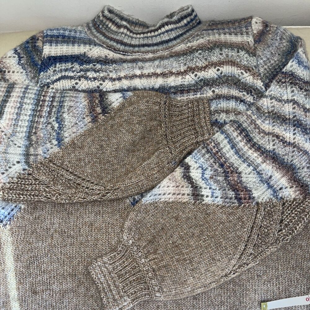 DEMOCRACY Mock Neck Woven Cable Knit Sweater Cozy Mottled Blue Tan L - Picture 6 of 8